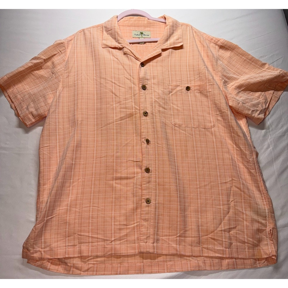 Island‎ Shores Button Up Mens XXL Orange Plaid Rayon Blend Short Sleeve Tropical